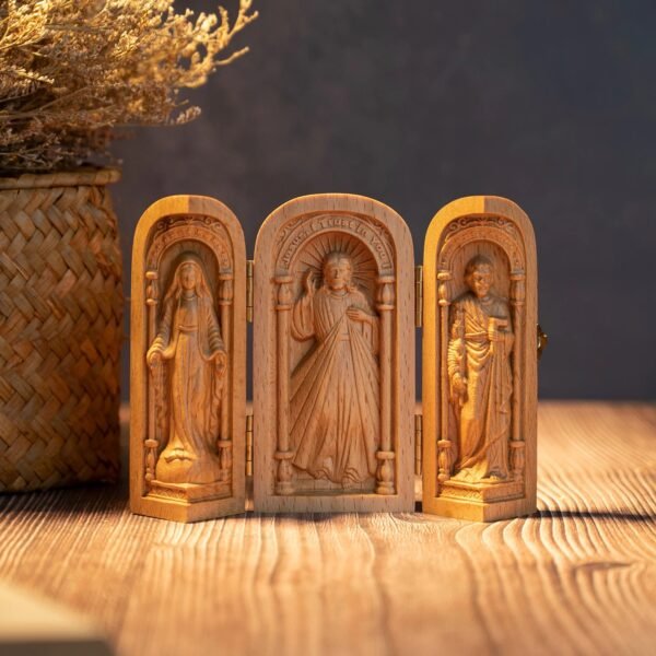 Catholic holy relics three open box handicraft ornaments wood carving prayer altar Virgin Mary Jesus Christ saint statue