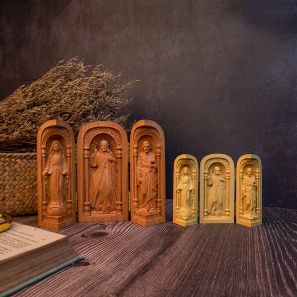 Catholic holy relics three open box handicraft ornaments wood carving prayer altar Virgin Mary Jesus Christ saint statue