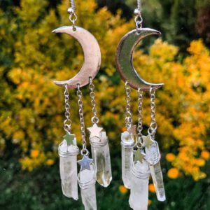 Celestial Crescent Moon Crystal Quartz Dangle Earrings