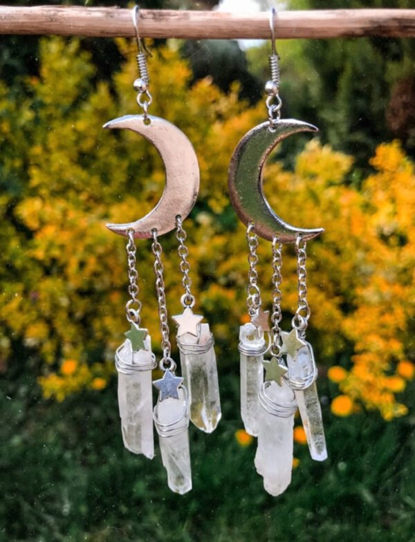 Celestial Crescent Moon Crystal Quartz Dangle Earrings