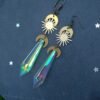 Celestial  Long Earrings, Ab Crystal Earrings, Crescent Moon Earrings, Sun and Moon Earrings Raw and Antique gold  Earrings