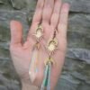 Celestial  Long Earrings, Ab Crystal Earrings, Crescent Moon Earrings, Sun and Moon Earrings Raw and Antique gold  Earrings