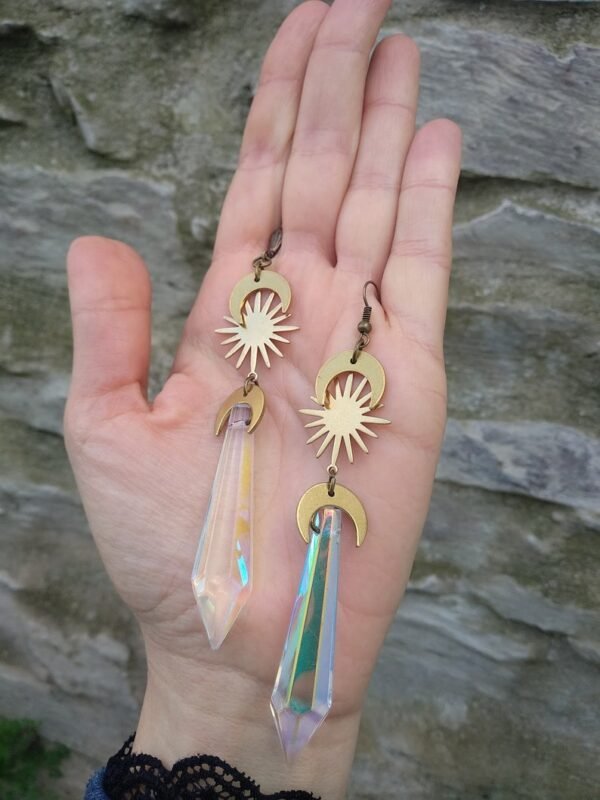 Celestial  Long Earrings, Ab Crystal Earrings, Crescent Moon Earrings, Sun and Moon Earrings Raw and Antique gold  Earrings