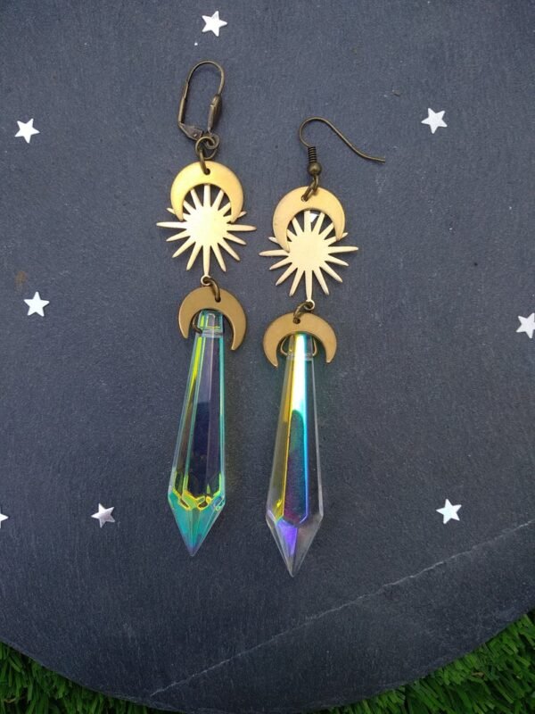 Celestial  Long Earrings, Ab Crystal Earrings, Crescent Moon Earrings, Sun and Moon Earrings Raw and Antique gold  Earrings