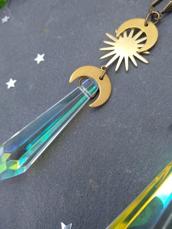 Celestial  Long Earrings, Ab Crystal Earrings, Crescent Moon Earrings, Sun and Moon Earrings Raw and Antique gold  Earrings