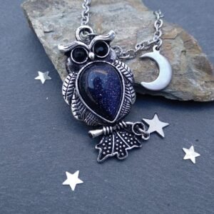 Celestial Necklace Night Owl Necklace Blue Stone Steel Moon and Star Blue Goldstone Necklace Owl Pendant Celestial Jewelry