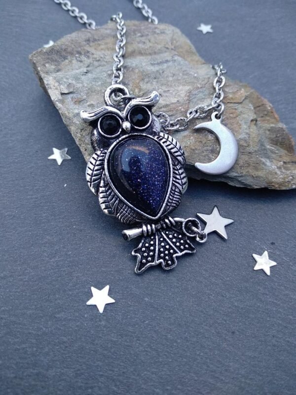 Celestial Necklace Night Owl Necklace Blue Stone Steel Moon and Star Blue Goldstone Necklace Owl Pendant Celestial Jewelry