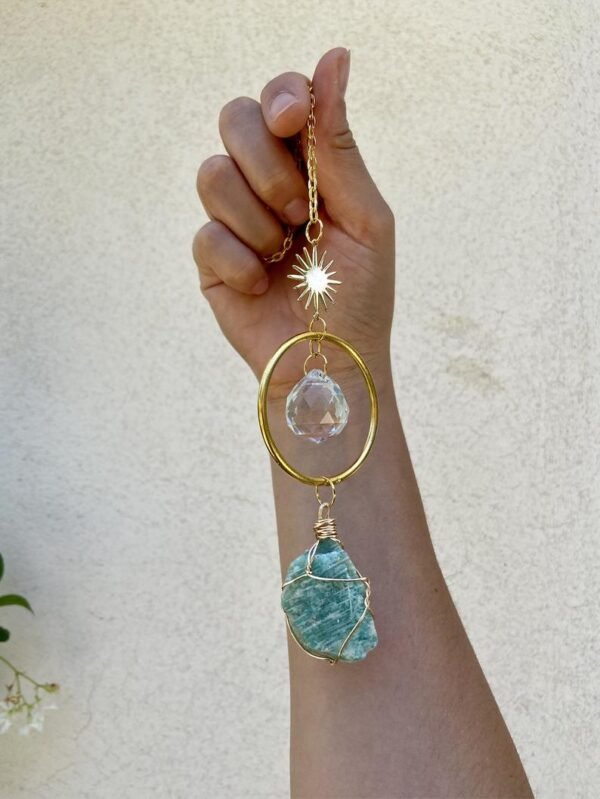 Celestial Sun Catcher for Car | Raw Crystal Sun Catcher | Rear View Mirror Accessory | Amazonite Sun Catcher|Car Accessory