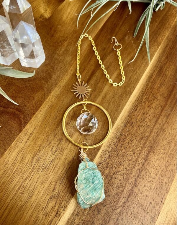 Celestial Sun Catcher for Car | Raw Crystal Sun Catcher | Rear View Mirror Accessory | Amazonite Sun Catcher|Car Accessory