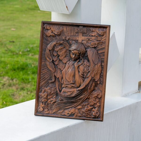 Christian Archangel Chamuel wood carving, mural art, religious figure, wooden icon, living room decoration, gift for women