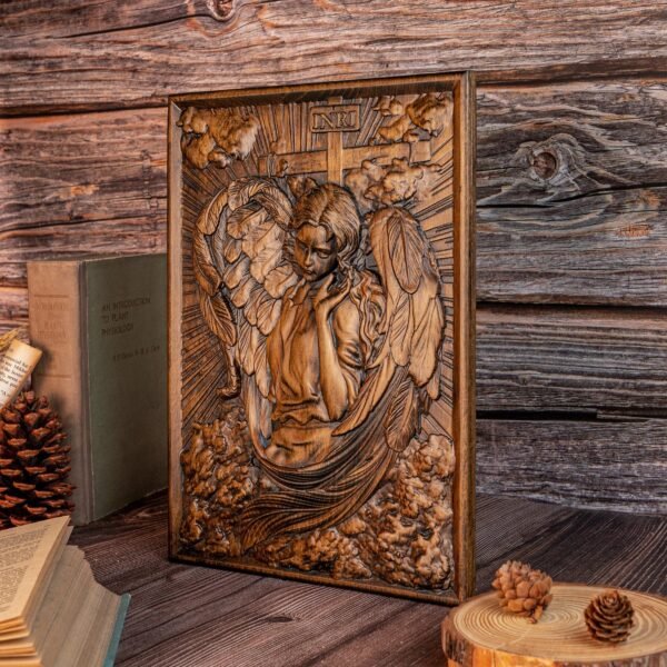 Christian Archangel Chamuel wood carving, mural art, religious figure, wooden icon, living room decoration, gift for women