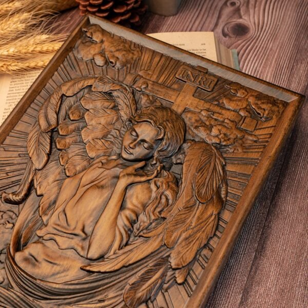 Christian Archangel Chamuel wood carving, mural art, religious figure, wooden icon, living room decoration, gift for women