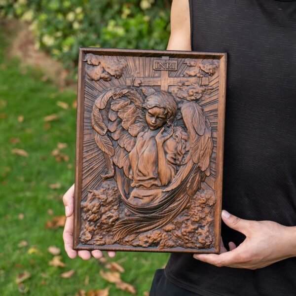 Christian Archangel Chamuel wood carving, mural art, religious figure, wooden icon, living room decoration, gift for women