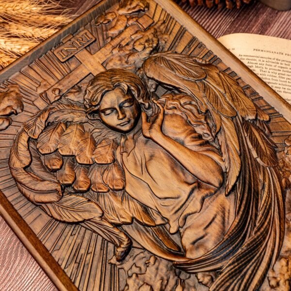 Christian Archangel Chamuel wood carving, mural art, religious figure, wooden icon, living room decoration, gift for women