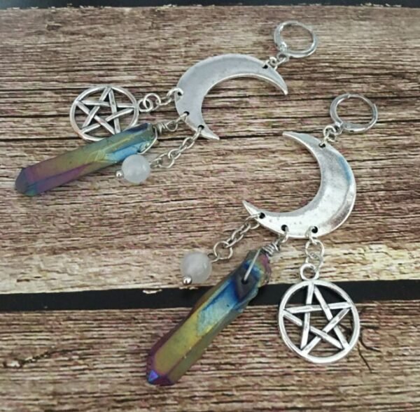 Crescent Moon -Pentagram Quartz Crystal Witchy Earrings - Goth - Gothic - Witchy - Celestial - Jewelry - Silver Plated- Moon