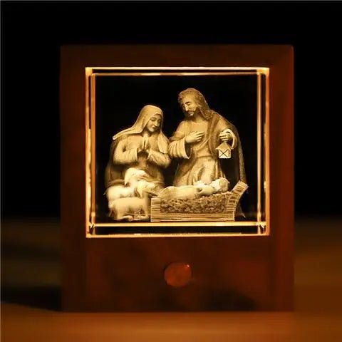 Crystal Carved 3D Jesus Cross Wooden Home Decoration Holy Family Nightlight USB Catholic Church Decor