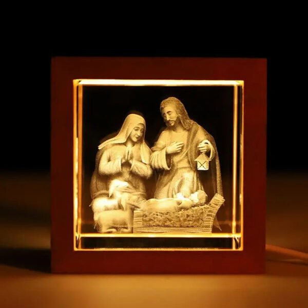 Crystal Carved 3D Jesus Cross Wooden Home Decoration Holy Family Nightlight USB Catholic Church Decor