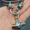 Viking Magic~stainless steel wolf head leather chain VIKING Thor's hammer PENDANT men's necklace JEWELRY