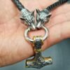 Viking Magic~stainless steel wolf head leather chain VIKING Thor's hammer PENDANT men's necklace JEWELRY