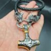 Viking Magic~stainless steel wolf head leather chain VIKING Thor's hammer PENDANT men's necklace JEWELRY