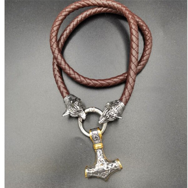 Viking Magic~stainless steel wolf head leather chain VIKING Thor's hammer PENDANT men's necklace JEWELRY