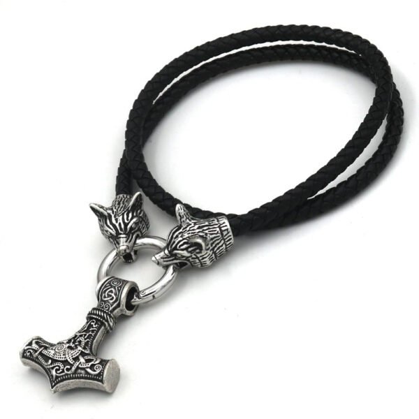 Viking Magic~stainless steel wolf head leather chain VIKING Thor's hammer PENDANT men's necklace JEWELRY