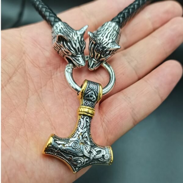 Viking Magic~stainless steel wolf head leather chain VIKING Thor's hammer PENDANT men's necklace JEWELRY