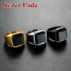 Magic Ring~Dignified Black Carnelian Stainless Steel Golden Square Signet Ring for Men Pinky Rings Male Wealth and Rich Status Jewelry