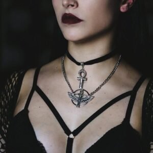 Double Layer Necklace with Ankh Charm Velvet Choker and Isis Necklace