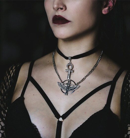 Double Layer Necklace with Ankh Charm Velvet Choker and Isis Necklace