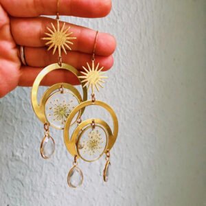 Dried Flower Handmade Resin Earrings,Hollow moon with Crystal Quartz