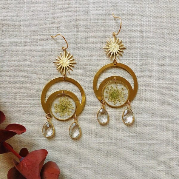 Dried Flower Handmade Resin Earrings,Hollow moon with Crystal Quartz