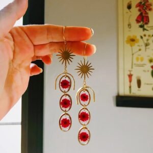 Dried Flower Handmade Resin Earrings, Pressed Botanical Earrings,Real Flower Earrings,Three Tiered Apricot Flowers