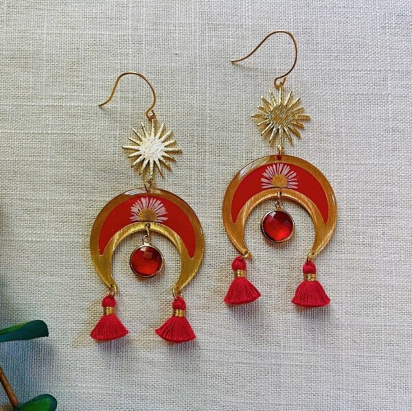 Dried Flower Handmade Resin Earrings, White Daisy in Red Crescent with Red Tassels and Quartz