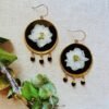 Dried Flower Handmade Resin Earrings,White Larkspur Big Blossoms with Black Tourmaline gems