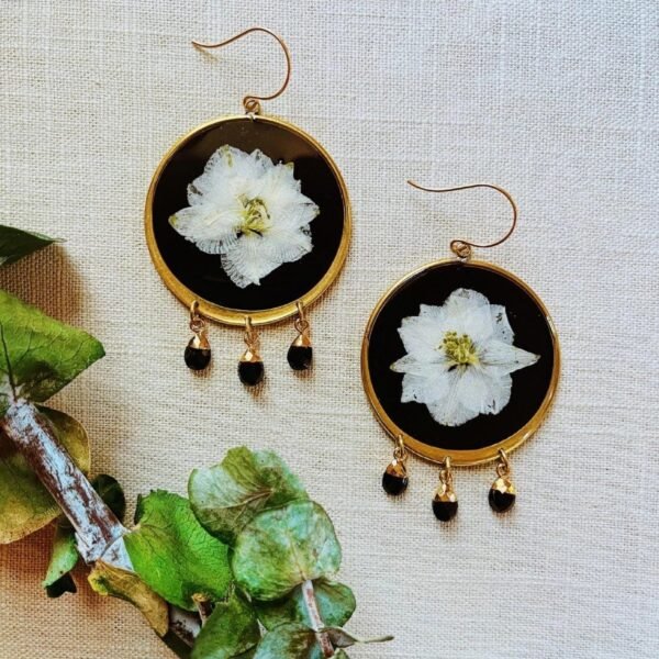 Dried Flower Handmade Resin Earrings,White Larkspur Big Blossoms with Black Tourmaline gems