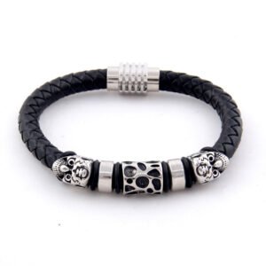 Viking Magic~Men Fashion Bracelets 316L Stainless Steel Skull Charms Beads Bangles Genuine Leather with Magnet Clasp Bracelet