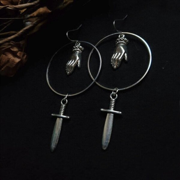 Esoterica Dagger Earrings Hand Hoop Victorian Silver Color Vintage Goth Sorcerer Jewellery   Fashion Classical Gift