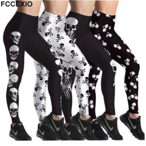 Fccexio 2021 New Pattern 3d Skull Head Print Women High Waist Legging Fashion Plus Size Fitness Elastic Skeleton Leggings - Leggings