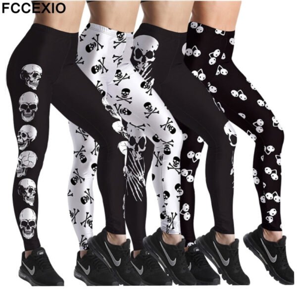 Fccexio 2021 New Pattern 3d Skull Head Print Women High Waist Legging Fashion Plus Size Fitness Elastic Skeleton Leggings - Leggings