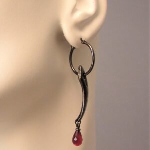 Fang Earring, Gothic Jewelry, Goth Fang Earring, Red Stone, Hoop Earring, Fang, Goth Jewelry, Vampire, Gothic, Goth Earring