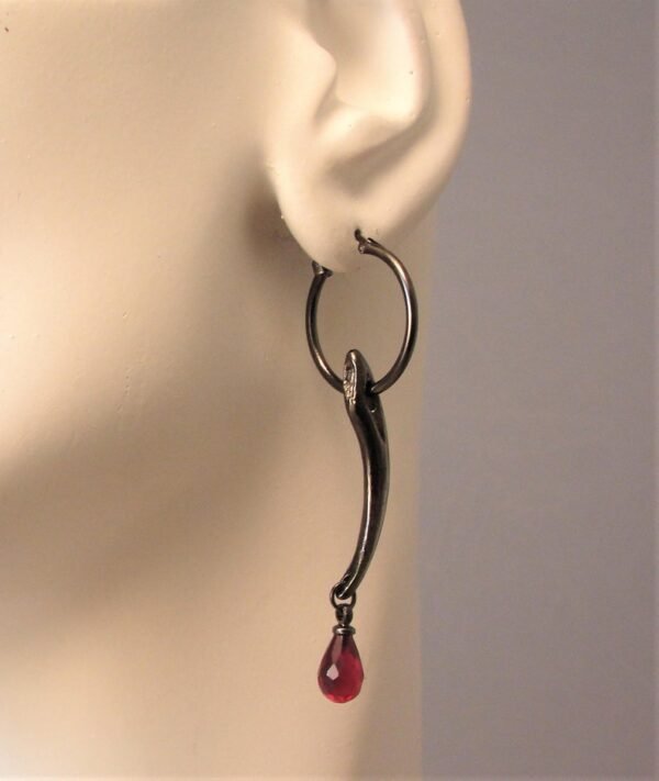 Fang Earring, Gothic Jewelry, Goth Fang Earring, Red Stone, Hoop Earring, Fang, Goth Jewelry, Vampire, Gothic, Goth Earring