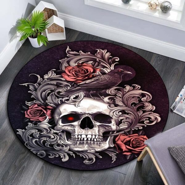 Floral Skull Round Carpet Soft Flannel Sofa Bedroom Area Rugs Flannel Anti-slip Bedside Carpets for Living Room