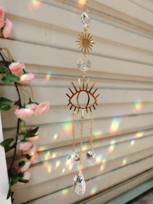 Gold Plated Evil Eye Sun Suncatcher,Rainbow Prism,Boho ,magical Suncatcher