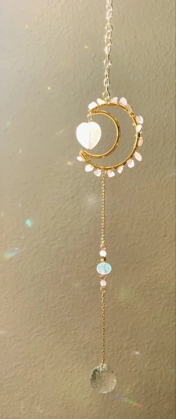 Gold plated Moon Suncatcher | Lunar Suncatcher |rose quartz| Wall Hanging | Boho Decor