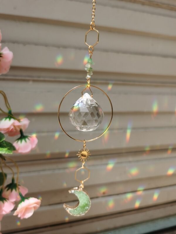 Gold plated Suncatcher with aventurine crescent moon pendant | light catcher | rainbow maker | sun & moon  of good luck