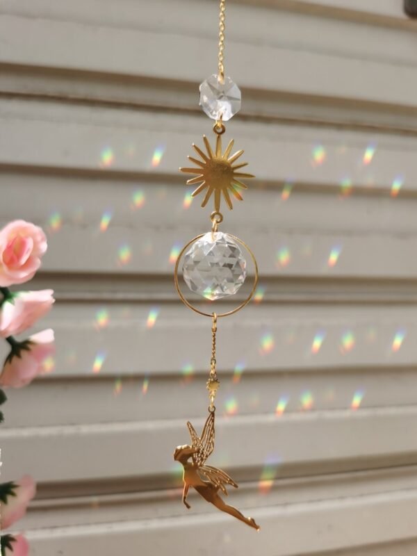 Gold plated Suncatcher with magical fairy&sun | light catcher | rainbow maker | celestial  of good luck