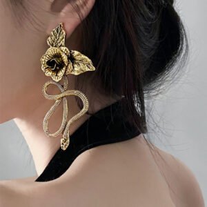 Goth Snake And Rose Big Statement Stud Earrings For Women Vintage Punk Oversized Flower Long Earrings Y2k Jewelry Korean Fashion - Stud Earrings