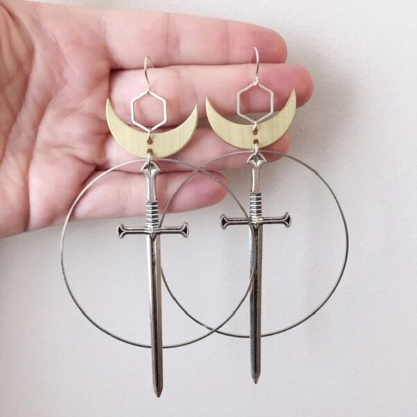 Gothic Golden Moon Excalibur Earrings Ring Sword Classic Eardrop Big Sword Punk Statement Mystical Goth Jewellery Women Gift