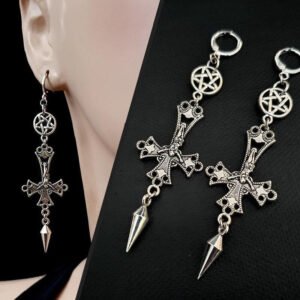 Gothic Inverted Crucifix and Pentagram Earrings with Spikes Inverted Cross Satanic Catholic Upside Down Statement Women Gift
